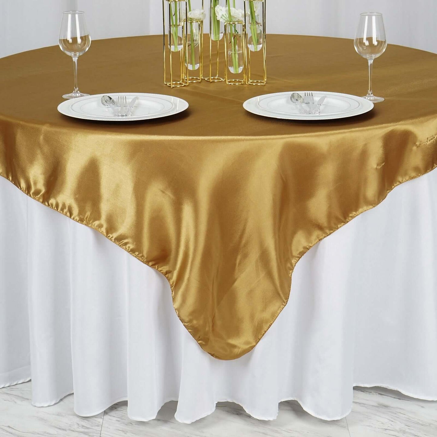 Satin 90"x90" Table Overlay Square Tablecloth Gold - Smooth Finish for Luxurious Events - NestOCart