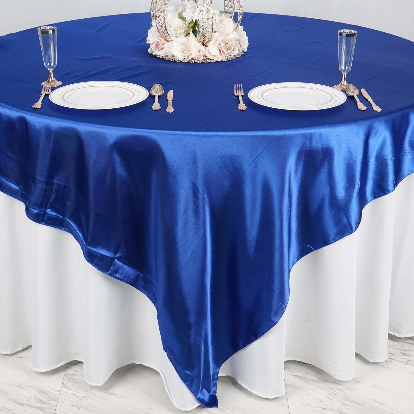 Satin 90"x90" Table Overlay Square Tablecloth Royal Blue - Smooth Finish Table Topper - NestOCart