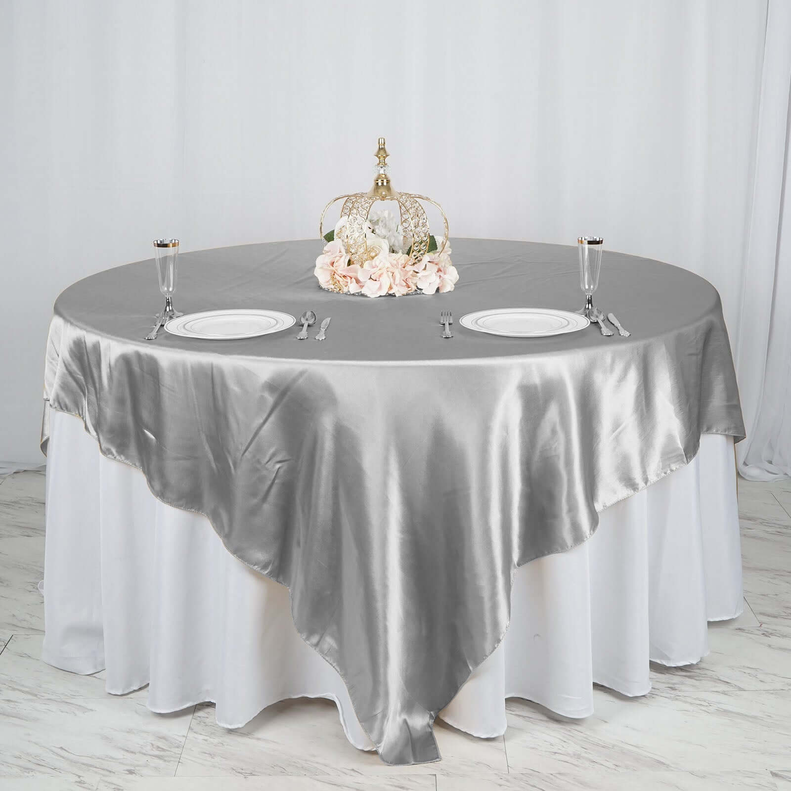 Satin 90"x90" Table Overlay Square Tablecloth Silver - Smooth Finish Table Topper - NestOCart