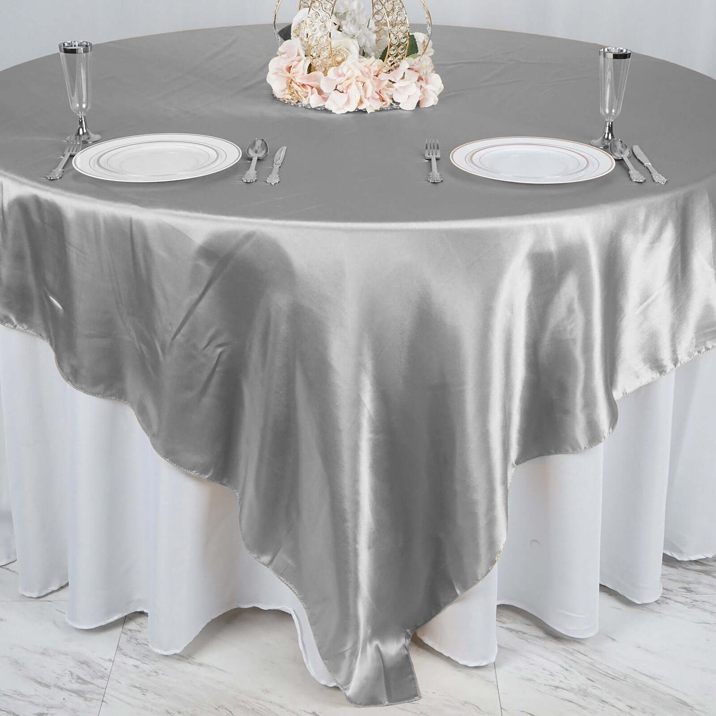 Satin 90"x90" Table Overlay Square Tablecloth Silver - Smooth Finish Table Topper - NestOCart