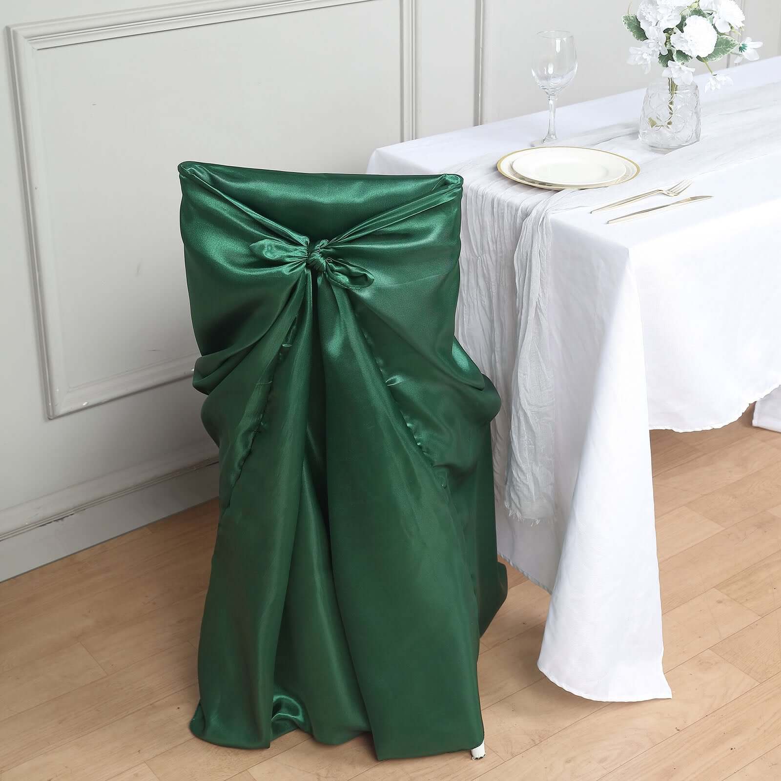 Satin Chair Cover Self - Tie Universal Design Hunter Emerald Green - Durable Slip - On Cover for Folding, Dining, Banquet & Standard Chairs - Bell Racket Store