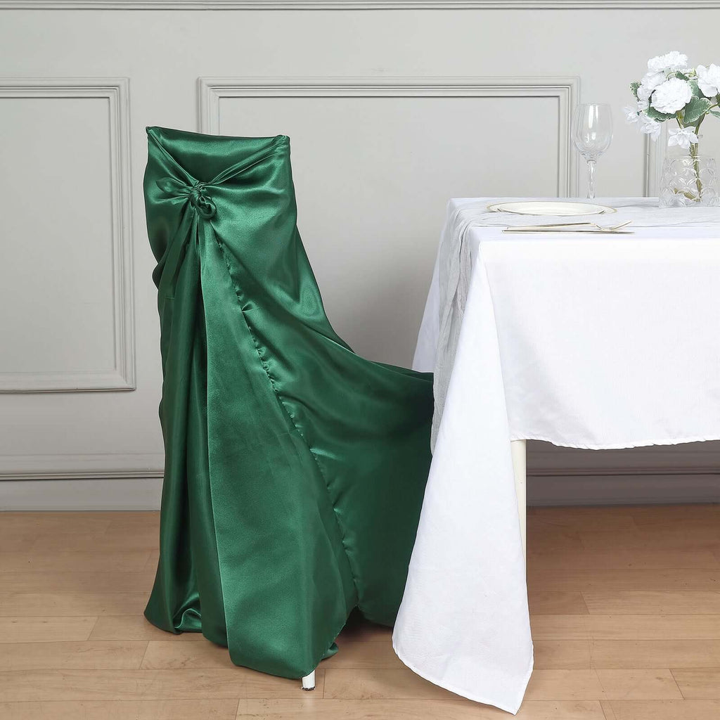 Satin Chair Cover Self - Tie Universal Design Hunter Emerald Green - Durable Slip - On Cover for Folding, Dining, Banquet & Standard Chairs - Bell Racket Store