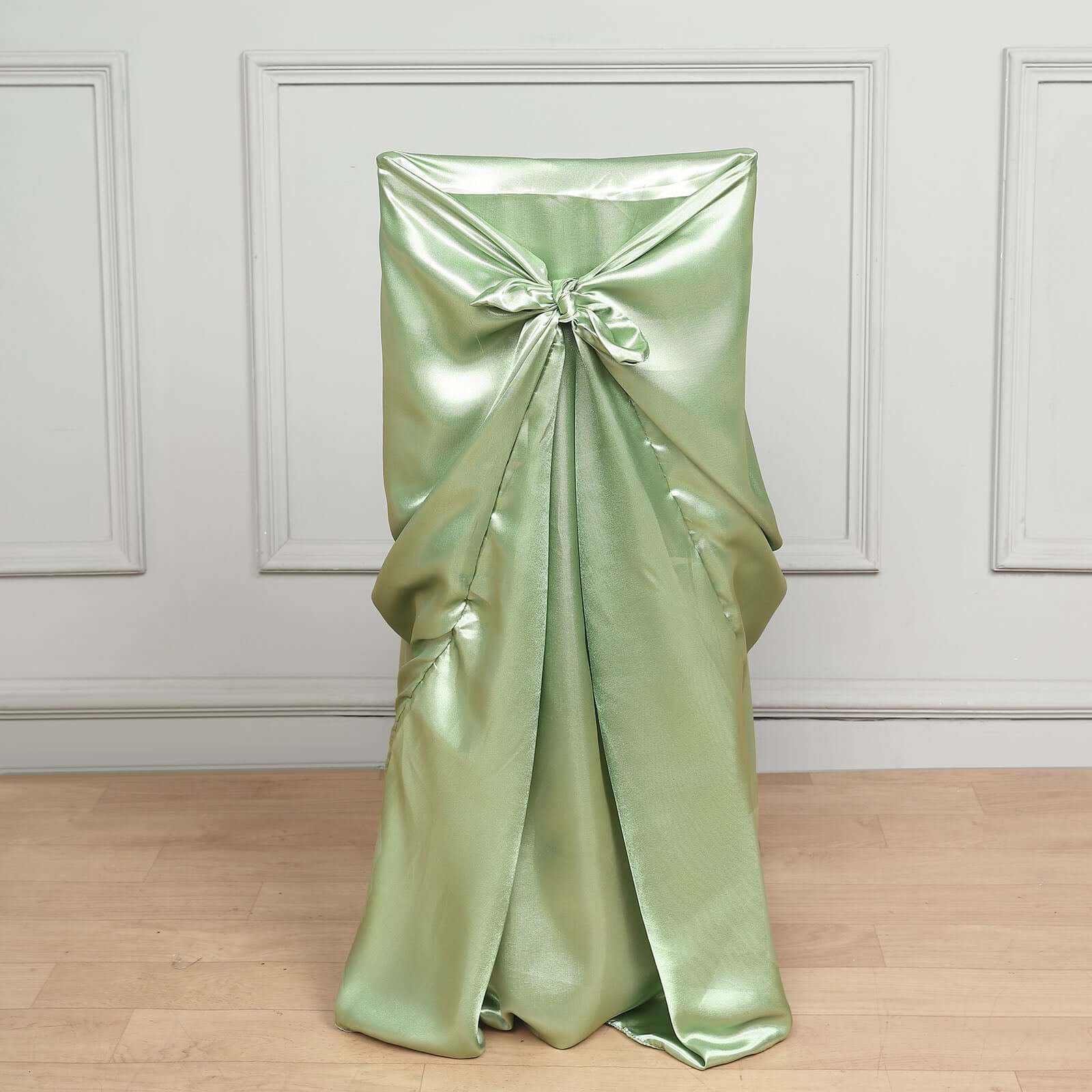 Satin Chair Cover Self - Tie Universal Design Sage Green - Durable Slip - On Cover for Folding, Dining, Banquet & Standard Chairs - Bell Racket Store