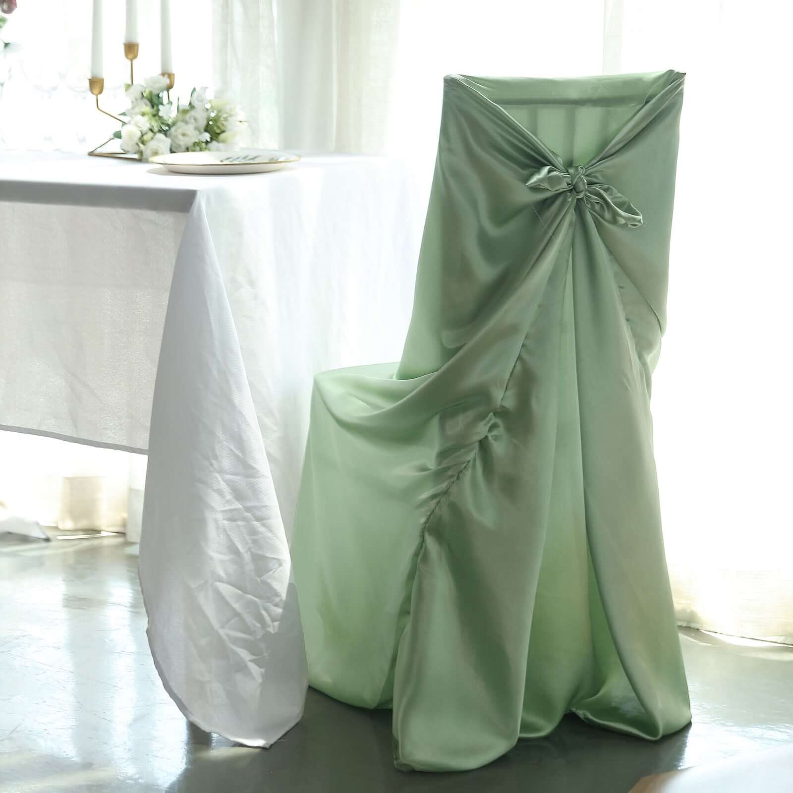Satin Chair Cover Self - Tie Universal Design Sage Green - Durable Slip - On Cover for Folding, Dining, Banquet & Standard Chairs - Bell Racket Store