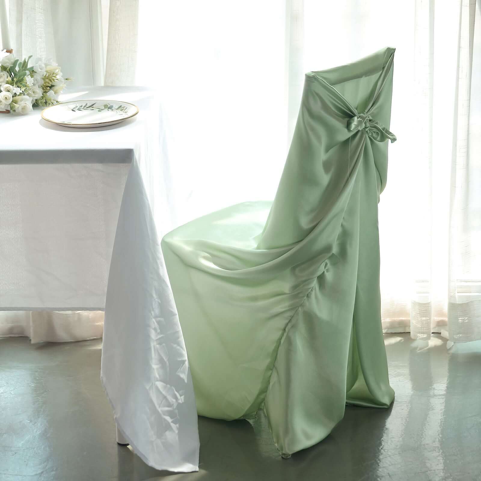 Satin Chair Cover Self - Tie Universal Design Sage Green - Durable Slip - On Cover for Folding, Dining, Banquet & Standard Chairs - Bell Racket Store