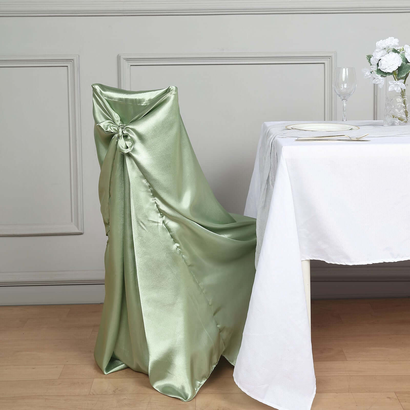 Satin Chair Cover Self - Tie Universal Design Sage Green - Durable Slip - On Cover for Folding, Dining, Banquet & Standard Chairs - Bell Racket Store