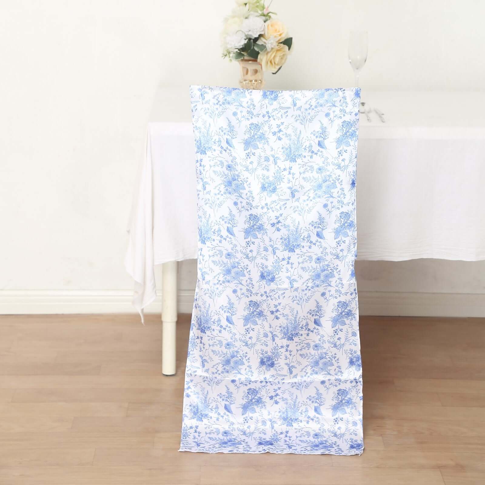 Satin Chair Slipcover French Toile Floral Print for Chiavari Chairs White/Blue - Stylish Wedding Chair Back Cover - Bell Racket Store