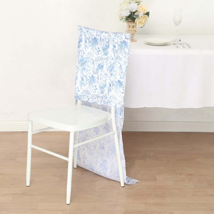 Satin Chair Slipcover French Toile Floral Print for Chiavari Chairs White/Blue - Stylish Wedding Chair Back Cover - Bell Racket Store