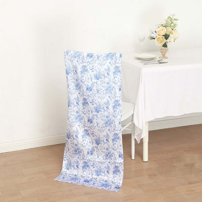 Satin Chair Slipcover French Toile Floral Print for Chiavari Chairs White/Blue - Stylish Wedding Chair Back Cover - Bell Racket Store