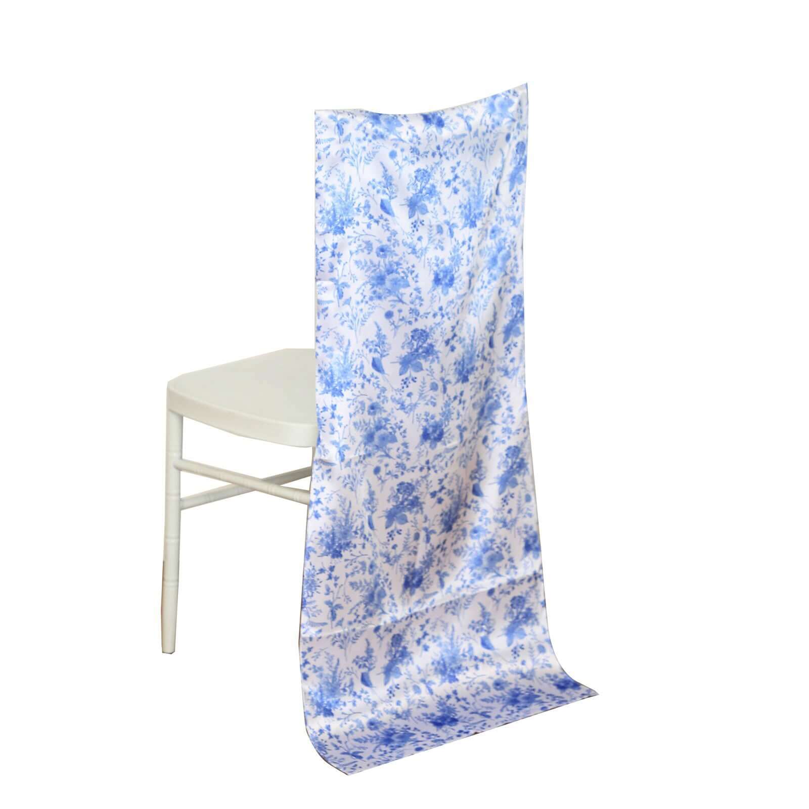 Satin Chair Slipcover French Toile Floral Print for Chiavari Chairs White/Blue - Stylish Wedding Chair Back Cover - Bell Racket Store
