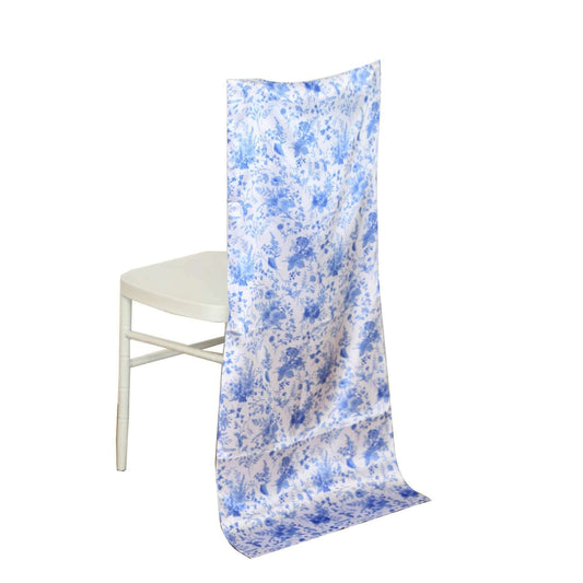 Satin Chair Slipcover French Toile Floral Print for Chiavari Chairs White/Blue - Stylish Wedding Chair Back Cover - Bell Racket Store