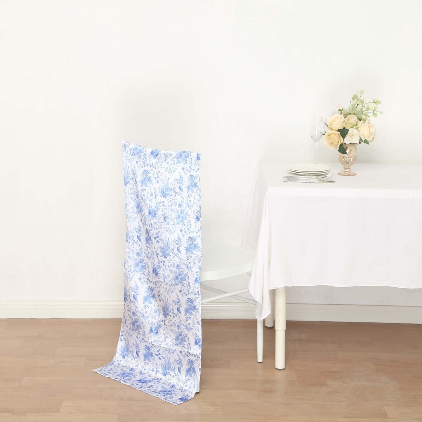 Satin Chair Slipcover French Toile Floral Print for Chiavari Chairs White/Blue - Stylish Wedding Chair Back Cover - Bell Racket Store