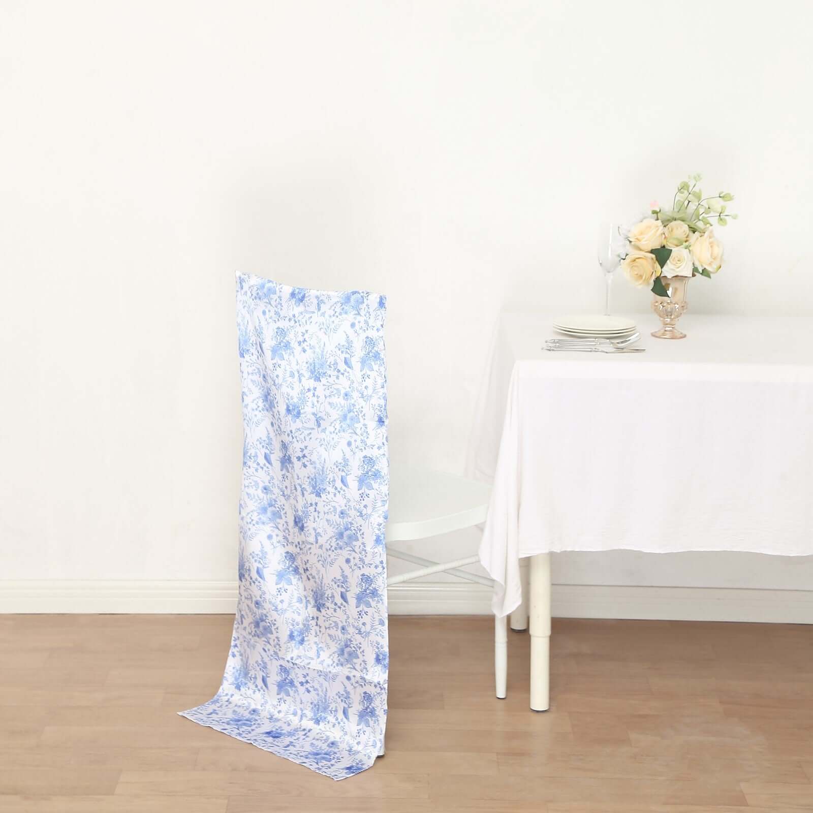 Satin Chair Slipcover French Toile Floral Print for Chiavari Chairs White/Blue - Stylish Wedding Chair Back Cover - Bell Racket Store