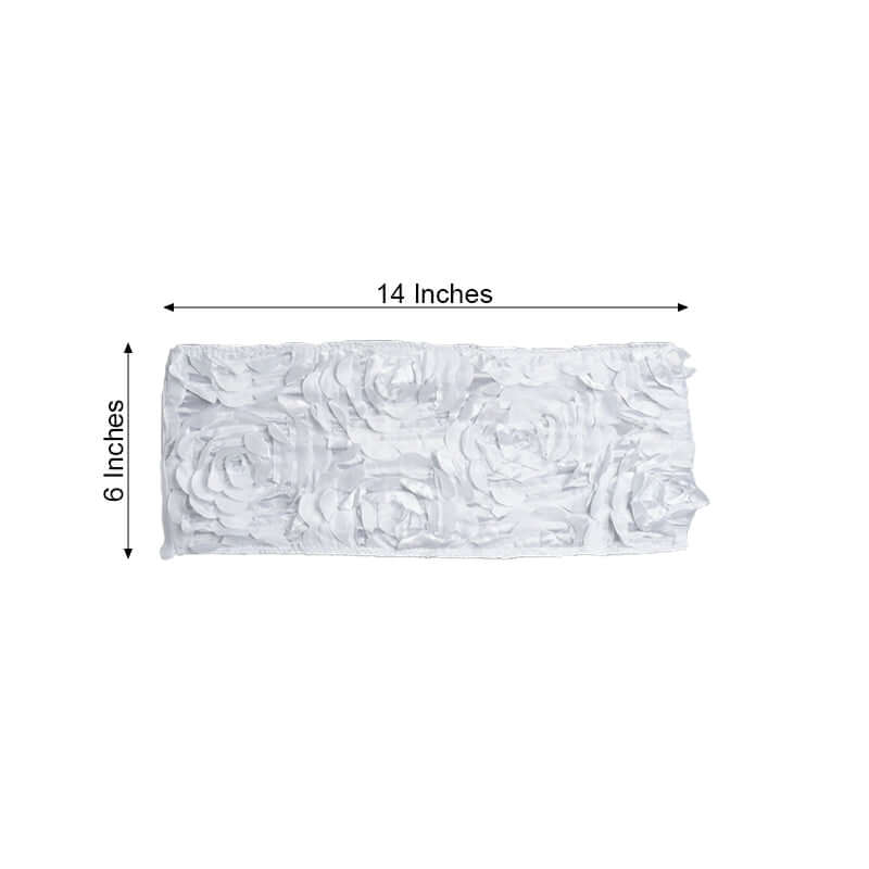 5 Pack Satin Spandex Chair Sashes White - Exquisite Rosette Design Stretch Chair Bands 6"x14"