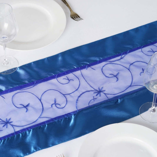 Satin Organza 14"x108" Table Runner Royal Blue Embroidered Design - Sheer & Stylish for Luxurious Table Settings - NestOCart