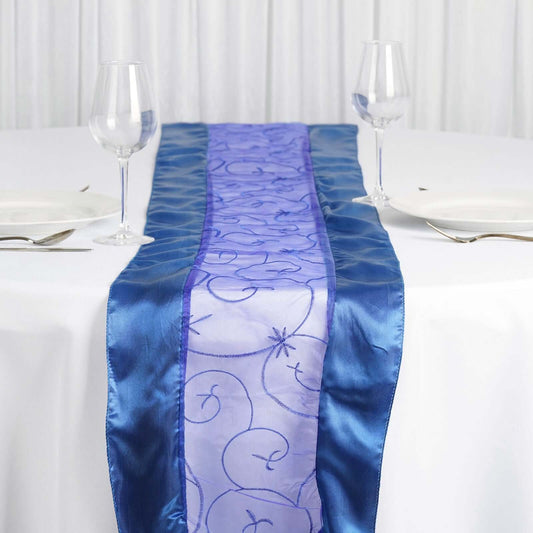 Satin Organza 14"x108" Table Runner Royal Blue Embroidered Design - Sheer & Stylish for Luxurious Table Settings - NestOCart