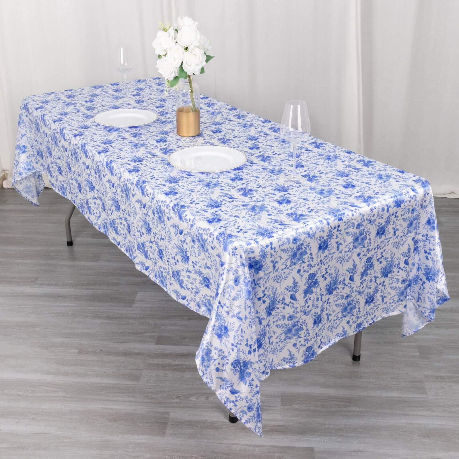 Satin Rectangular 60"x102" Tablecloth White/Blue French Toile Design - Stylish & Wrinkle - Resistant Table Cover - Bell Racket Store