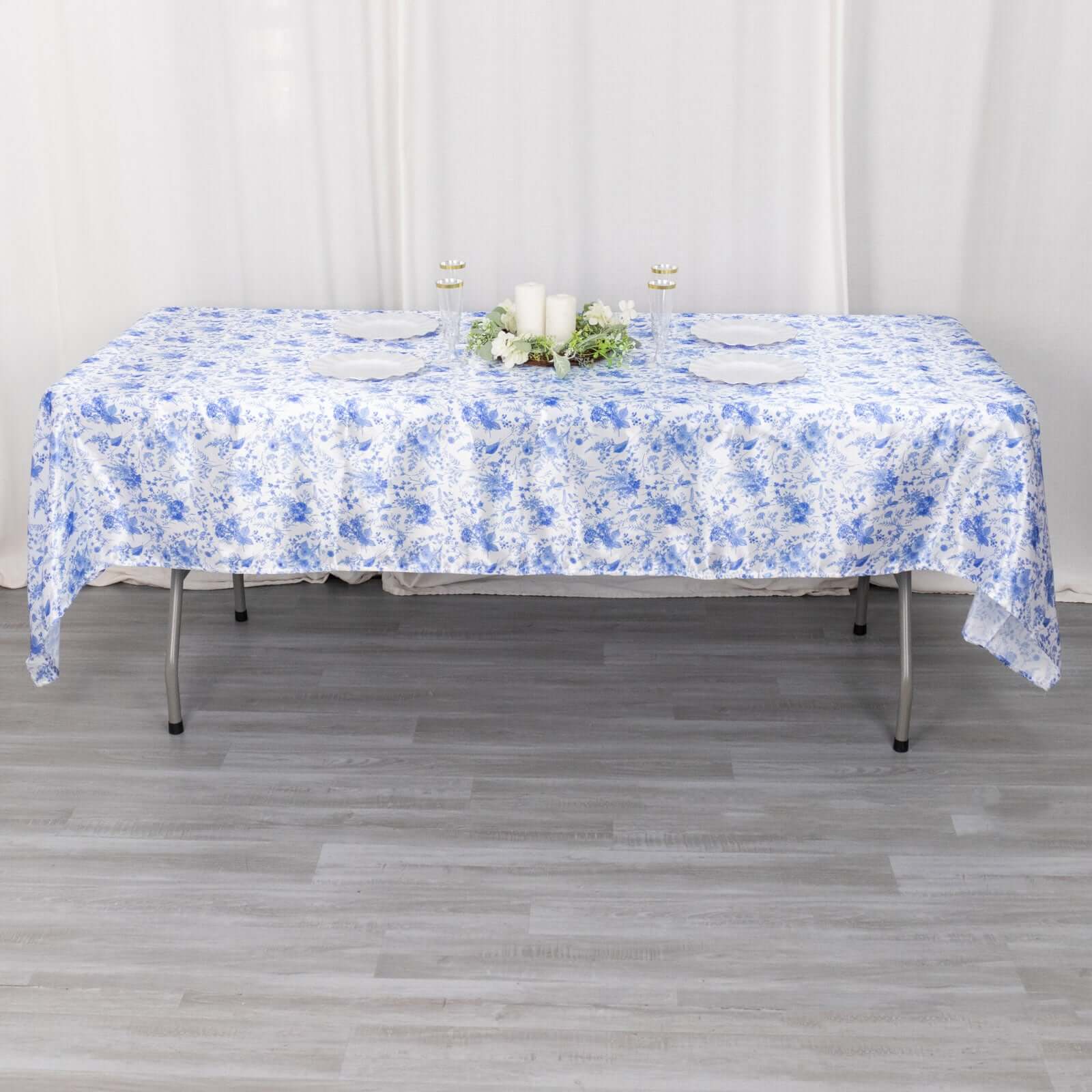 Satin Rectangular 60"x102" Tablecloth White/Blue French Toile Design - Stylish & Wrinkle - Resistant Table Cover - Bell Racket Store