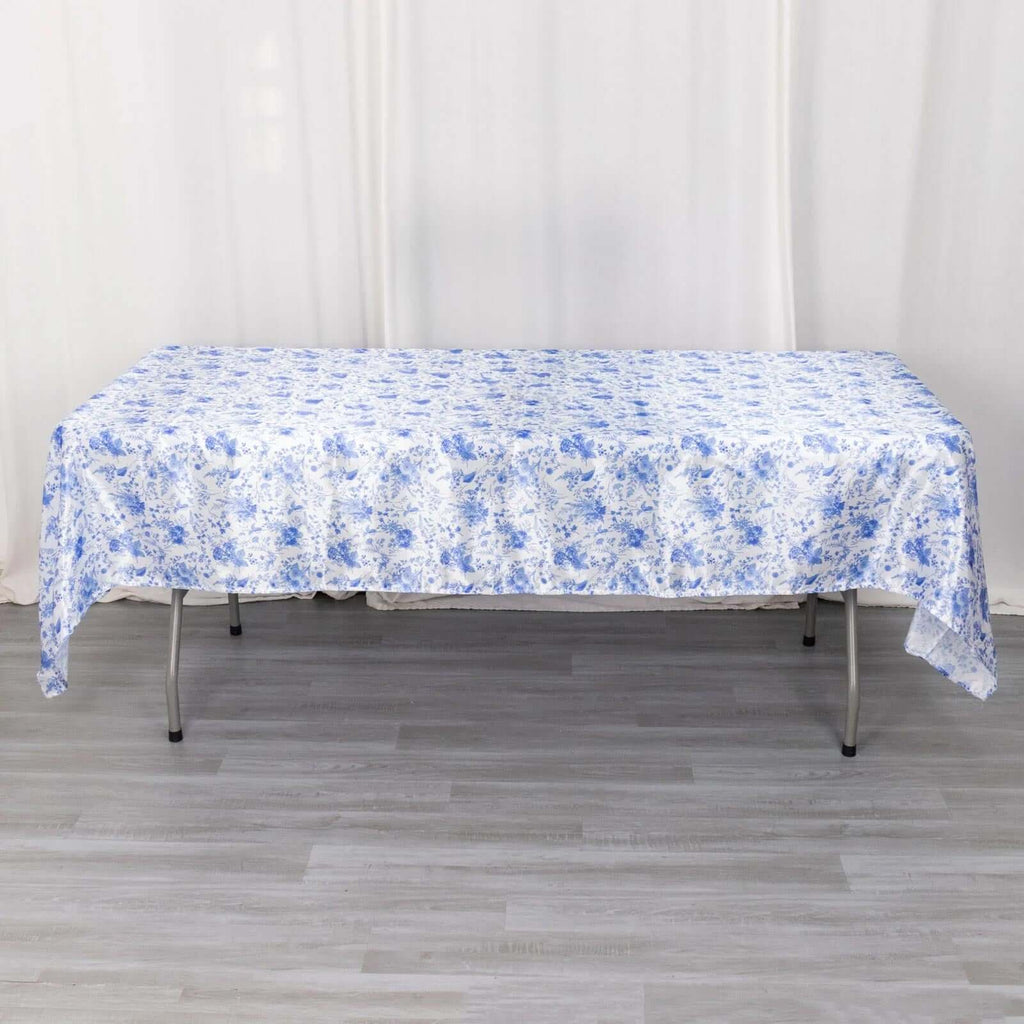 Satin Rectangular 60"x102" Tablecloth White/Blue French Toile Design - Stylish & Wrinkle - Resistant Table Cover - Bell Racket Store