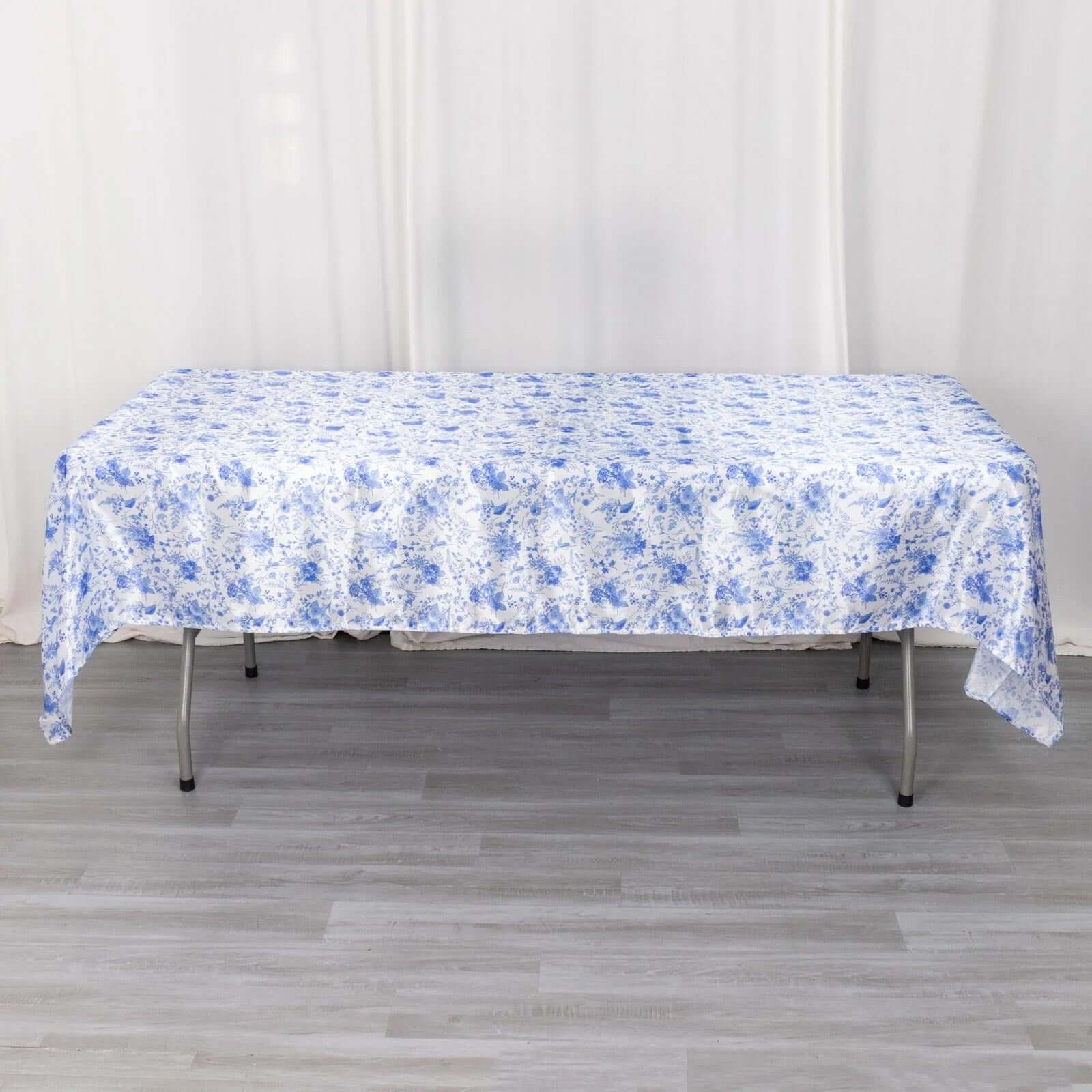 Satin Rectangular 60"x102" Tablecloth White/Blue French Toile Design - Stylish & Wrinkle - Resistant Table Cover - Bell Racket Store
