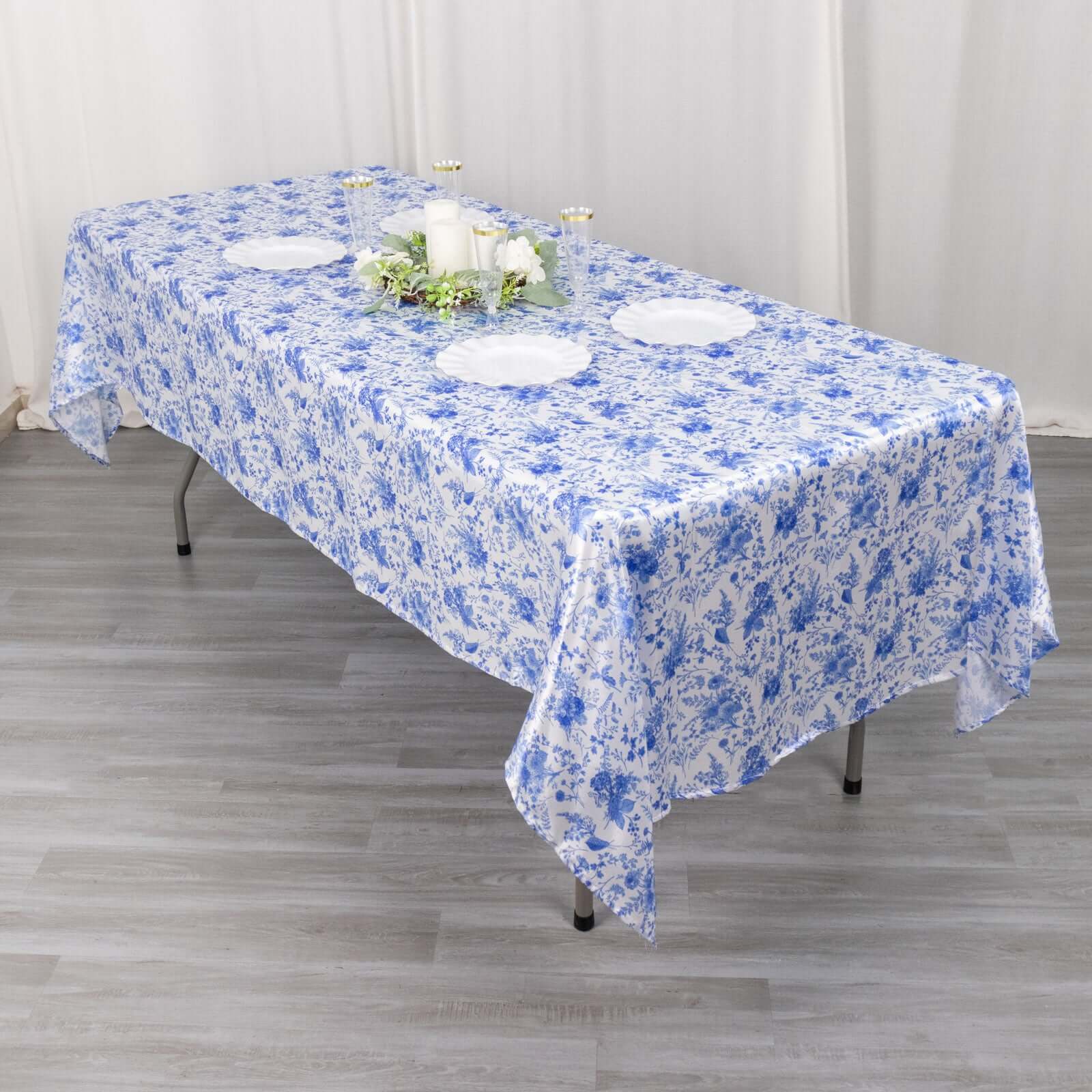 Satin Rectangular 60"x102" Tablecloth White/Blue French Toile Design - Stylish & Wrinkle - Resistant Table Cover - Bell Racket Store