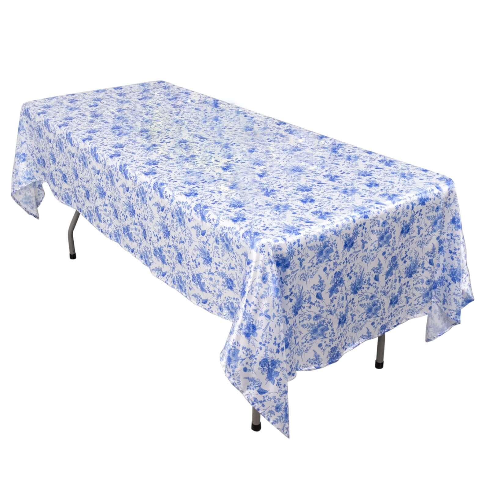 Satin Rectangular 60"x102" Tablecloth White/Blue French Toile Design - Stylish & Wrinkle - Resistant Table Cover - Bell Racket Store