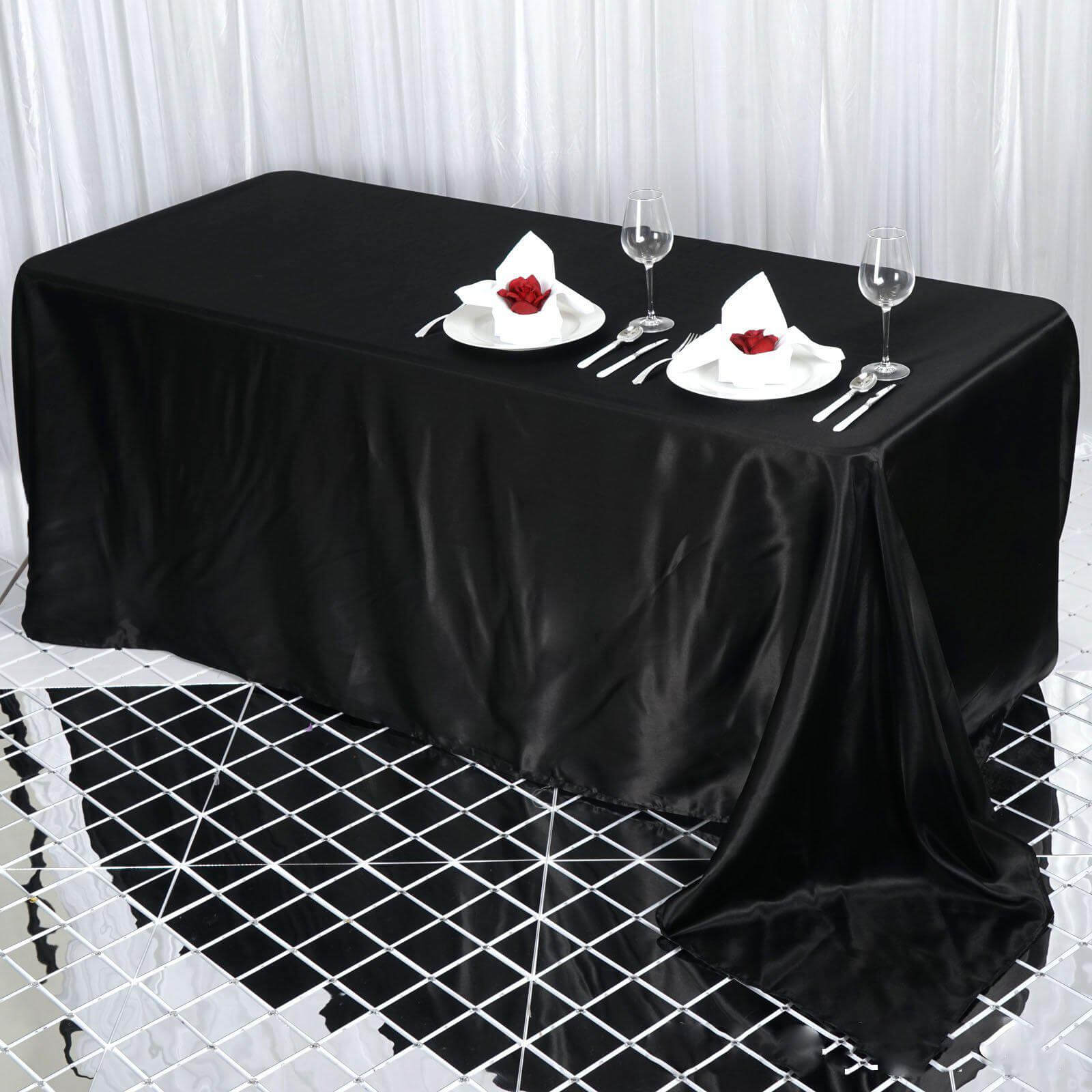 Satin Rectangular 90"x132" Tablecloth Black - Seamless Stylish Table Cover for Weddings and Parties - NestOCart