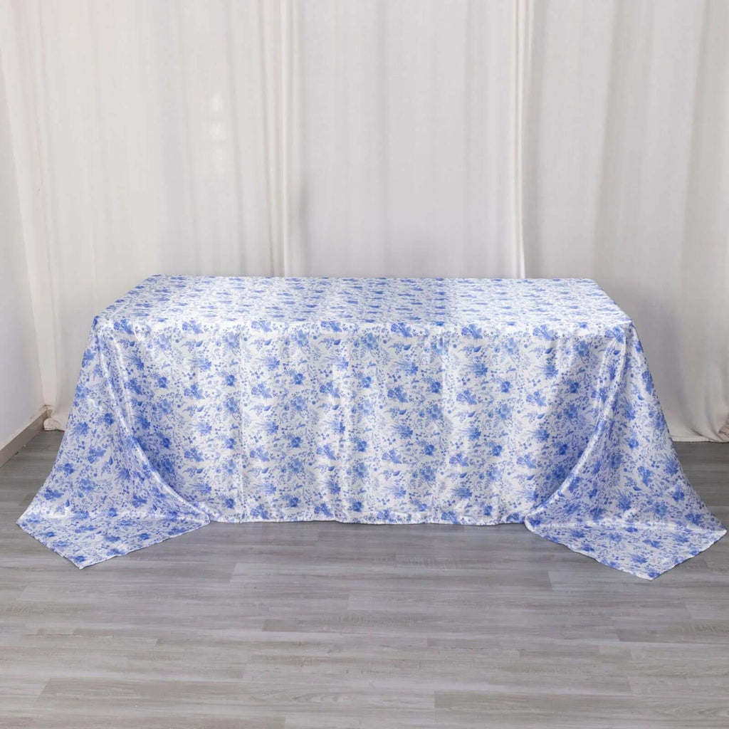 Satin Rectangular 90"x132" Tablecloth White/Blue French Toile Design - Seamless Stylish & Wrinkle - Resistant Table Cover - Bell Racket Store