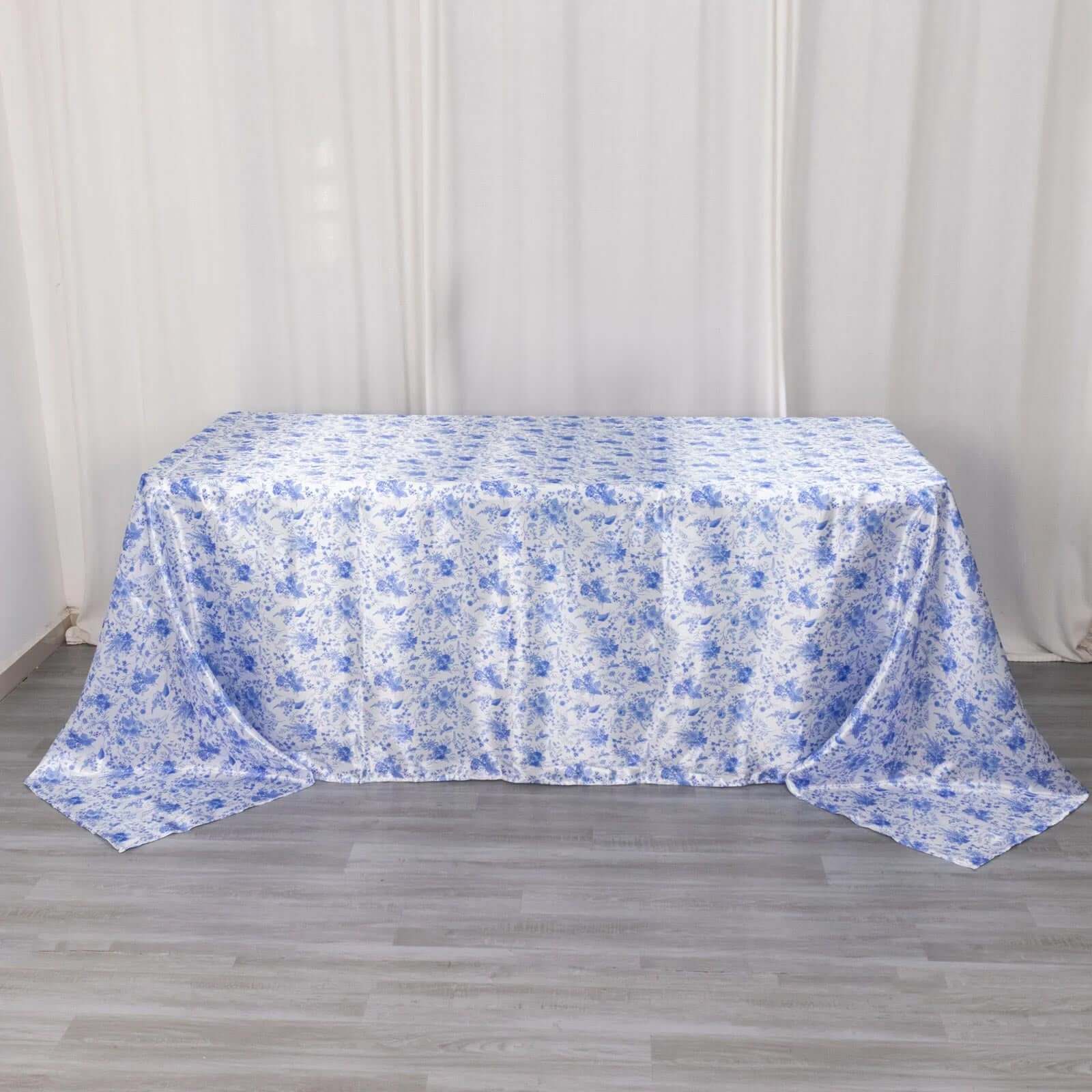 Satin Rectangular 90"x132" Tablecloth White/Blue French Toile Design - Seamless Stylish & Wrinkle - Resistant Table Cover - Bell Racket Store