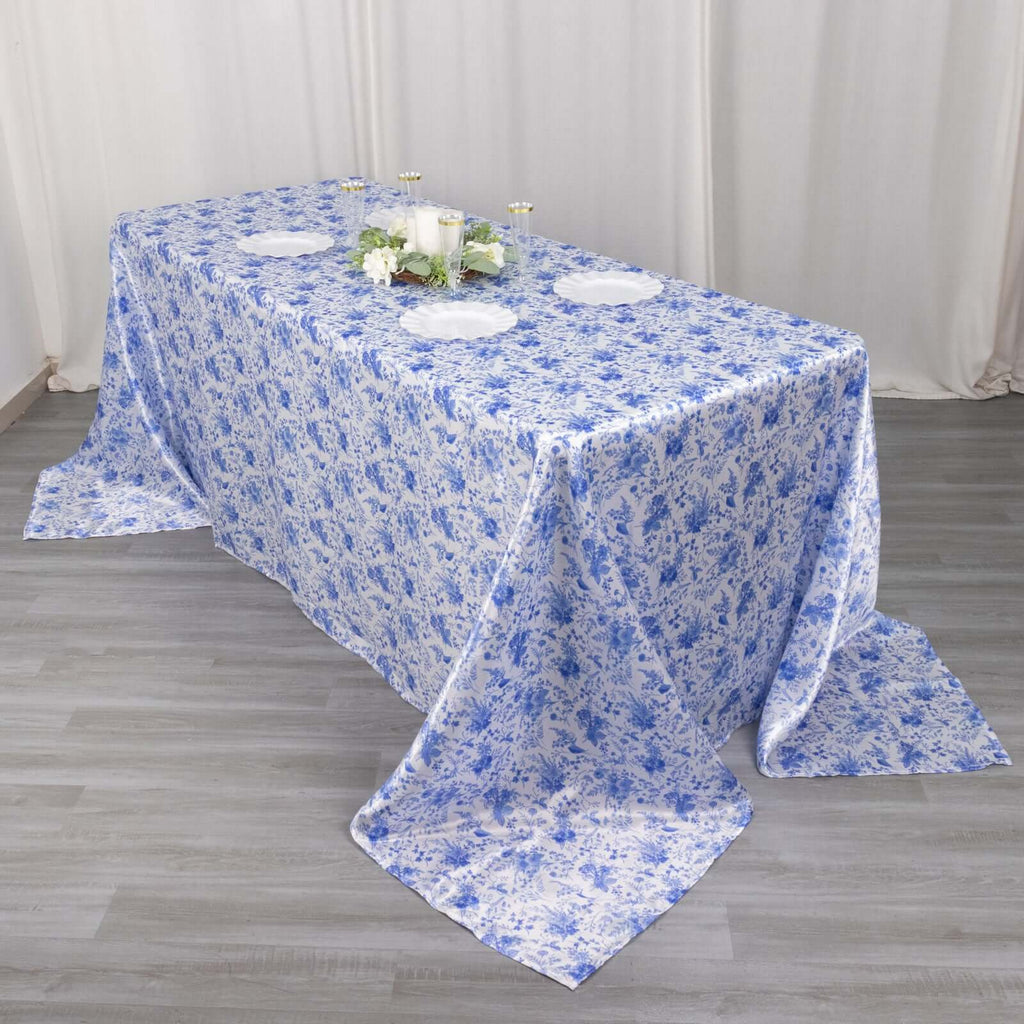 Satin Rectangular 90"x132" Tablecloth White/Blue French Toile Design - Seamless Stylish & Wrinkle - Resistant Table Cover - Bell Racket Store