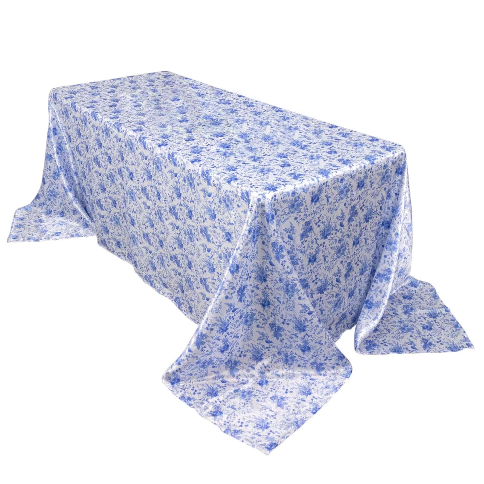 Satin Rectangular 90"x132" Tablecloth White/Blue French Toile Design - Seamless Stylish & Wrinkle - Resistant Table Cover - Bell Racket Store