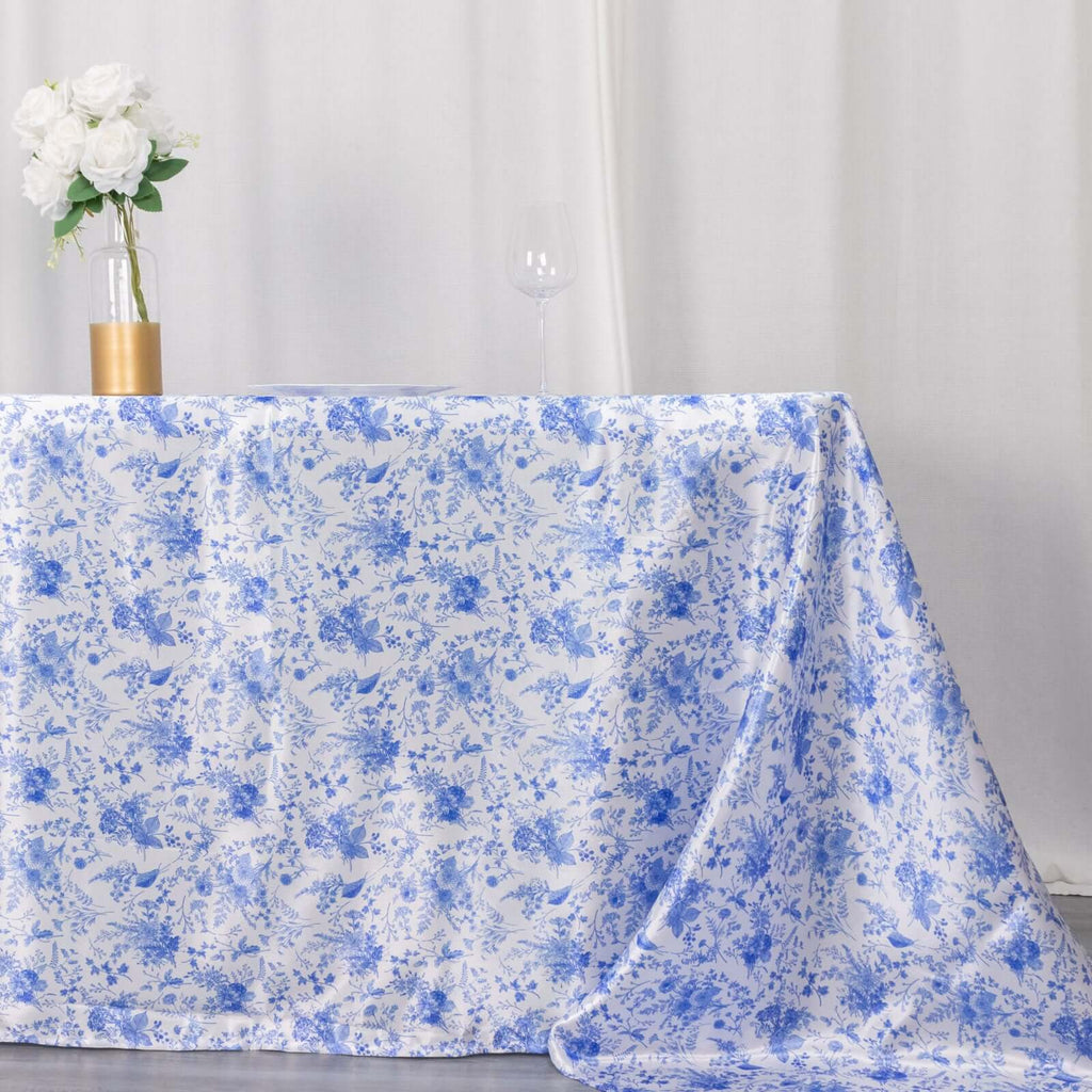 Satin Rectangular 90"x132" Tablecloth White/Blue French Toile Design - Seamless Stylish & Wrinkle - Resistant Table Cover - Bell Racket Store