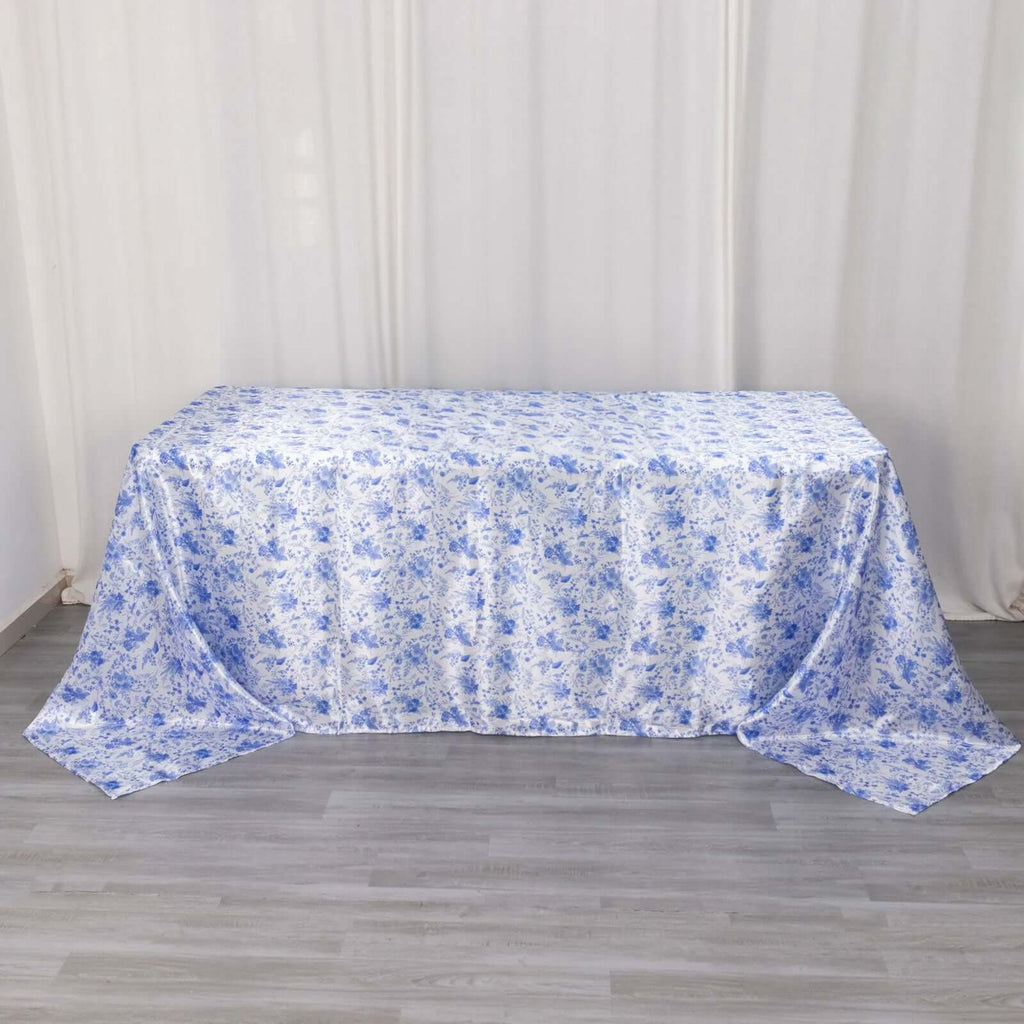 Satin Rectangular 90"x132" Tablecloth White/Blue French Toile Design - Seamless Stylish & Wrinkle - Resistant Table Cover - Bell Racket Store