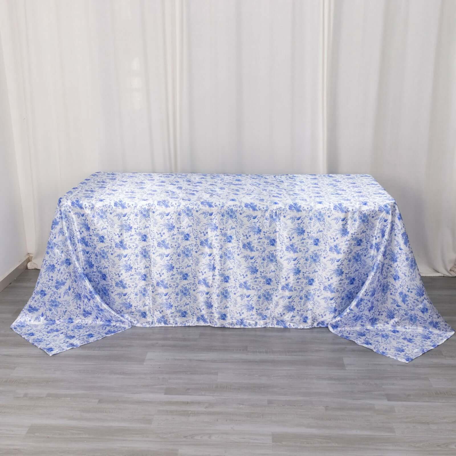 Satin Rectangular 90"x132" Tablecloth White/Blue French Toile Design - Seamless Stylish & Wrinkle - Resistant Table Cover - Bell Racket Store