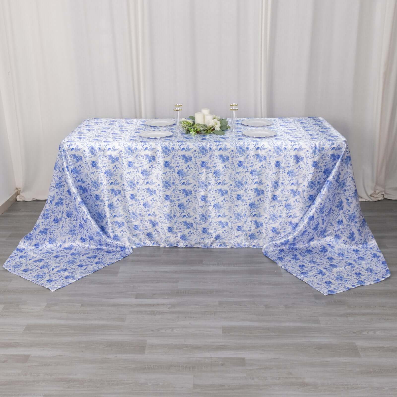 Satin Rectangular 90"x156" Tablecloth White/Blue French Toile Design - Seamless Stylish & Wrinkle - Resistant Table Cover - Bell Racket Store