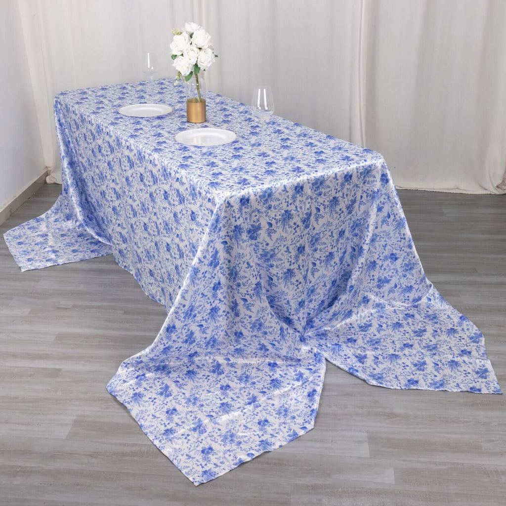 Satin Rectangular 90"x156" Tablecloth White/Blue French Toile Design - Seamless Stylish & Wrinkle - Resistant Table Cover - Bell Racket Store