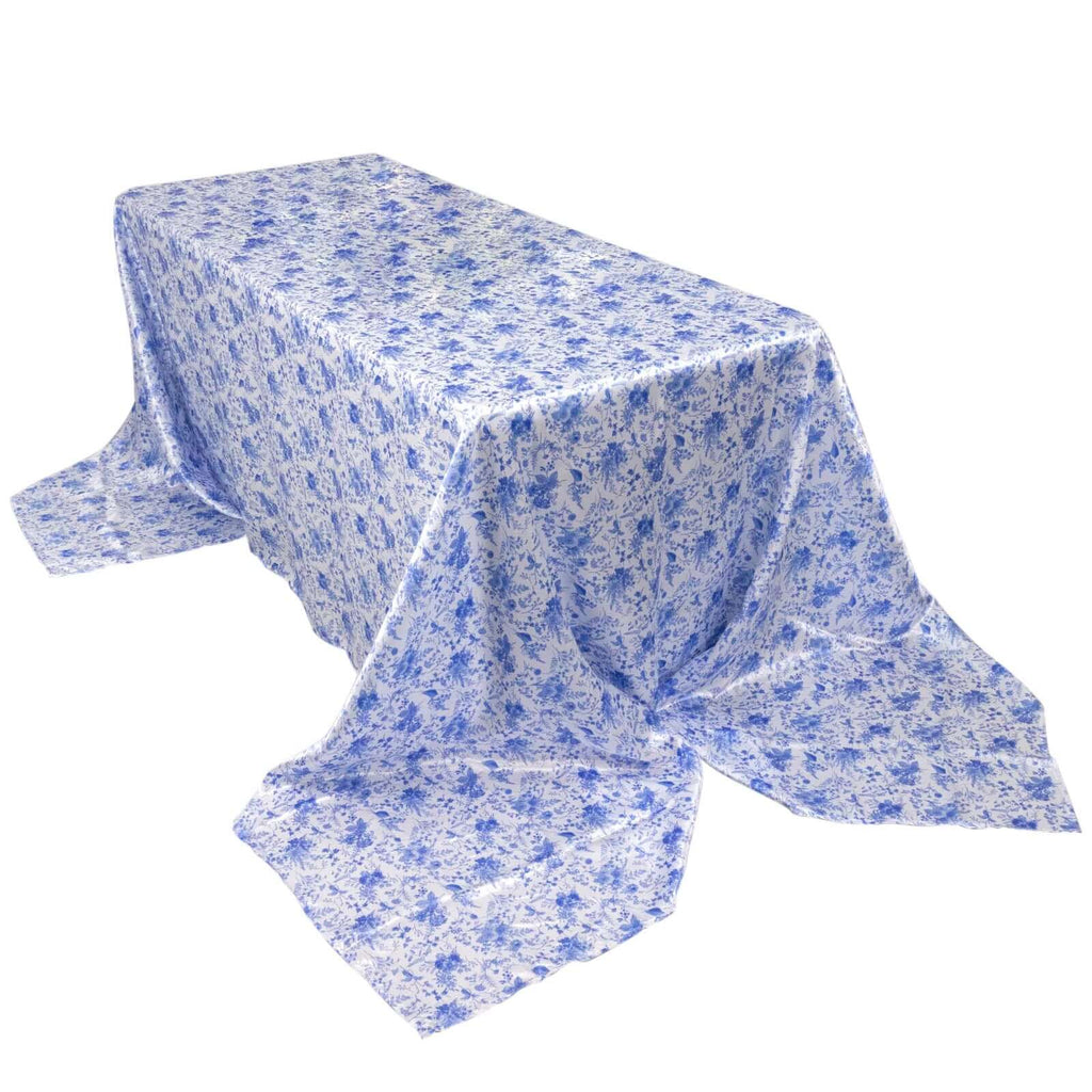 Satin Rectangular 90"x156" Tablecloth White/Blue French Toile Design - Seamless Stylish & Wrinkle - Resistant Table Cover - Bell Racket Store