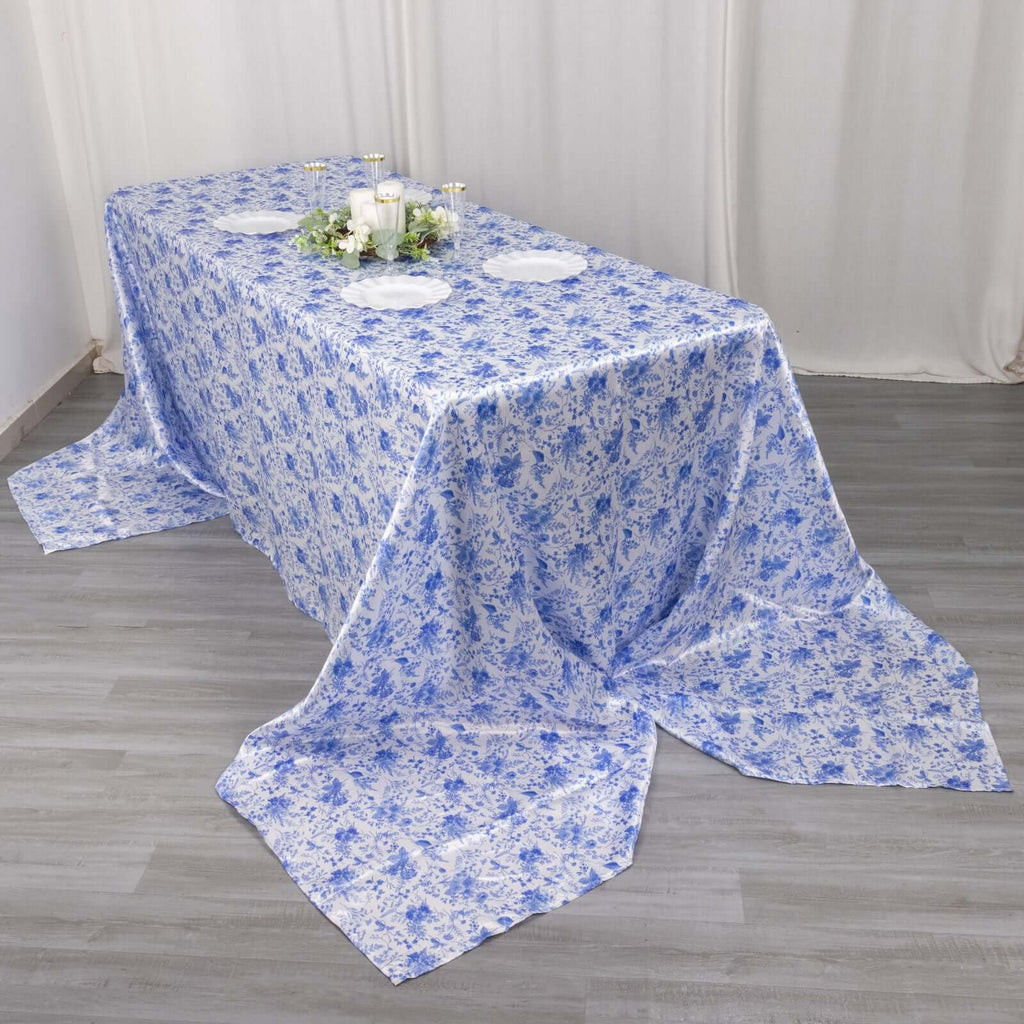 Satin Rectangular 90"x156" Tablecloth White/Blue French Toile Design - Seamless Stylish & Wrinkle - Resistant Table Cover - Bell Racket Store