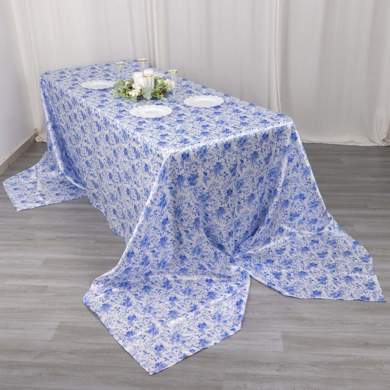 Satin Rectangular 90"x156" Tablecloth White/Blue French Toile Design - Seamless Stylish & Wrinkle - Resistant Table Cover - Bell Racket Store