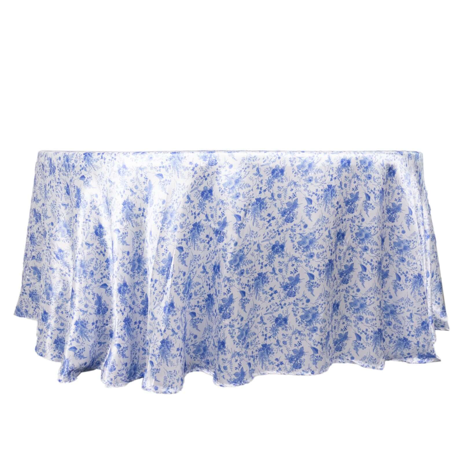 Satin Round 120" Tablecloth White/Blue French Toile Design - Seamless Stylish & Wrinkle - Resistant Table Cover - Bell Racket Store