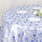 Satin Round 120" Tablecloth White/Blue French Toile Design - Seamless Stylish & Wrinkle - Resistant Table Cover - Bell Racket Store