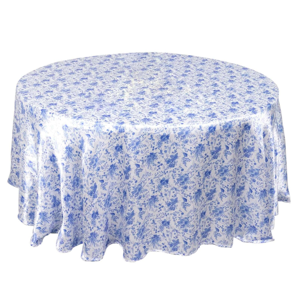 Satin Round 120" Tablecloth White/Blue French Toile Design - Seamless Stylish & Wrinkle - Resistant Table Cover - Bell Racket Store