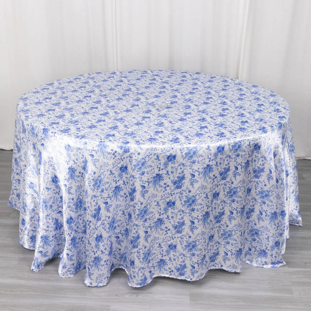 Satin Round 120" Tablecloth White/Blue French Toile Design - Seamless Stylish & Wrinkle - Resistant Table Cover - Bell Racket Store