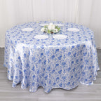 Satin Round 120" Tablecloth White/Blue French Toile Design - Seamless Stylish & Wrinkle - Resistant Table Cover - Bell Racket Store