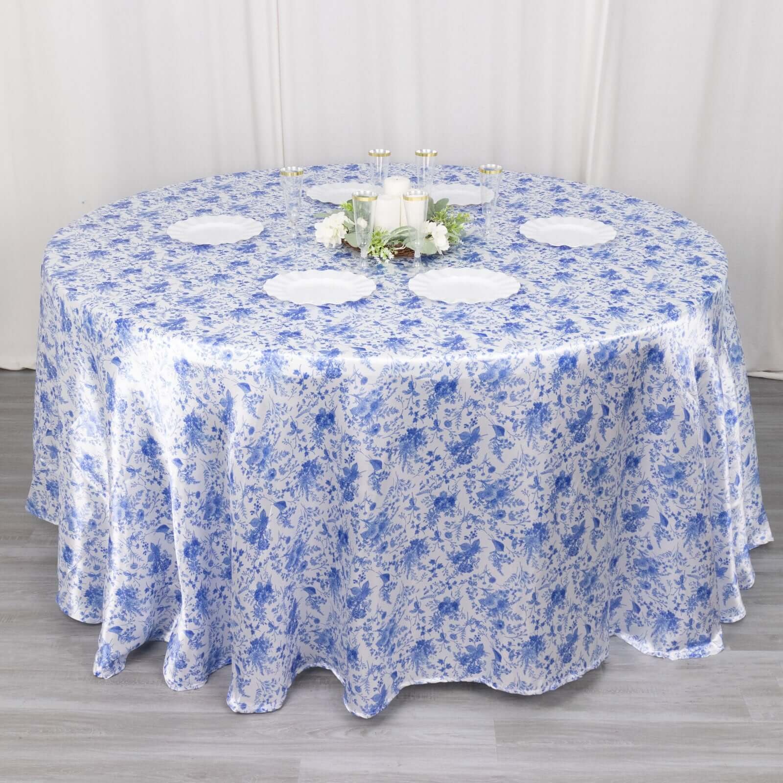 Satin Round 120" Tablecloth White/Blue French Toile Design - Seamless Stylish & Wrinkle - Resistant Table Cover - Bell Racket Store