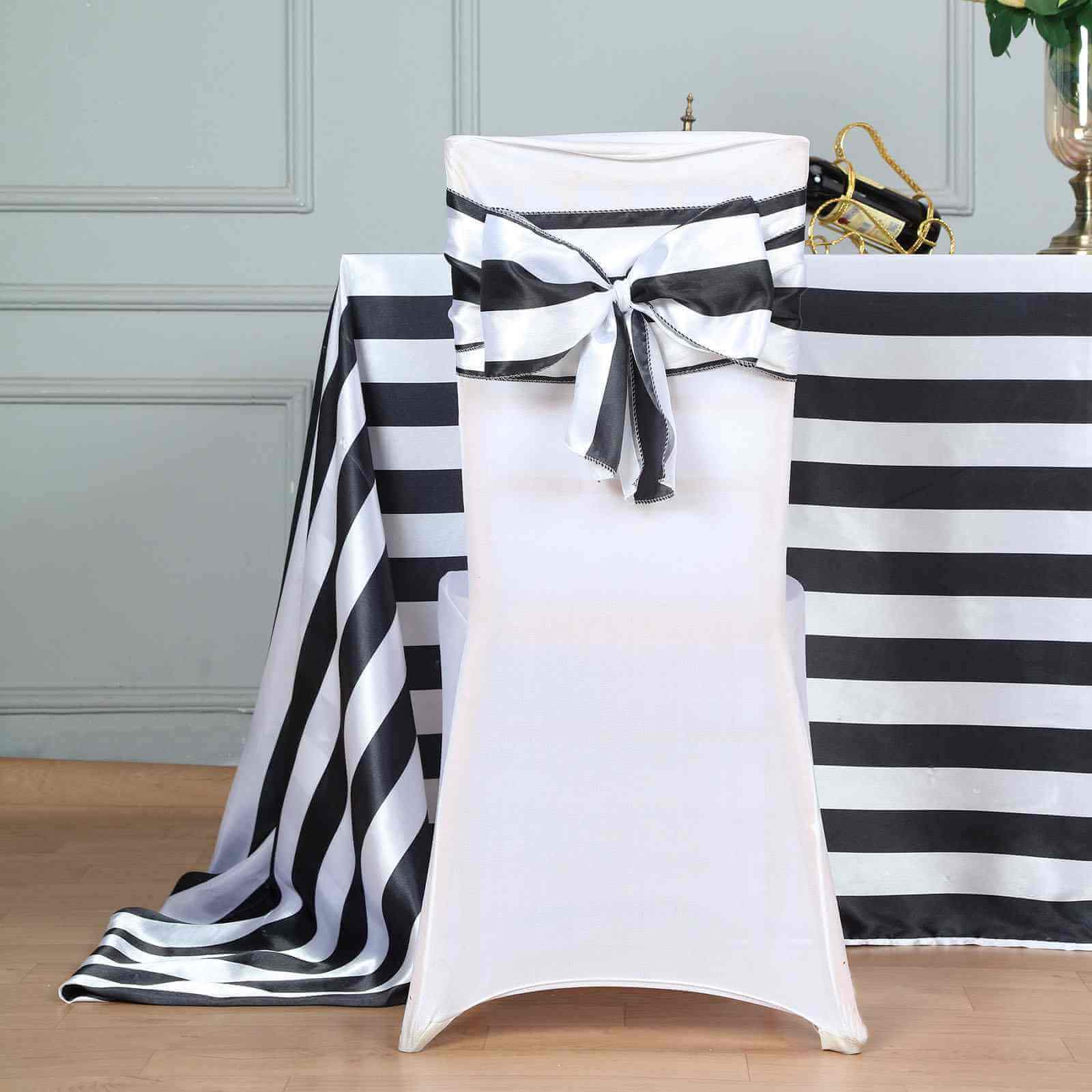 5 Pack Satin 6"x108" Chair Sashes Black/White Stripes - Sophisticated Decor for Weddings & Gatherings