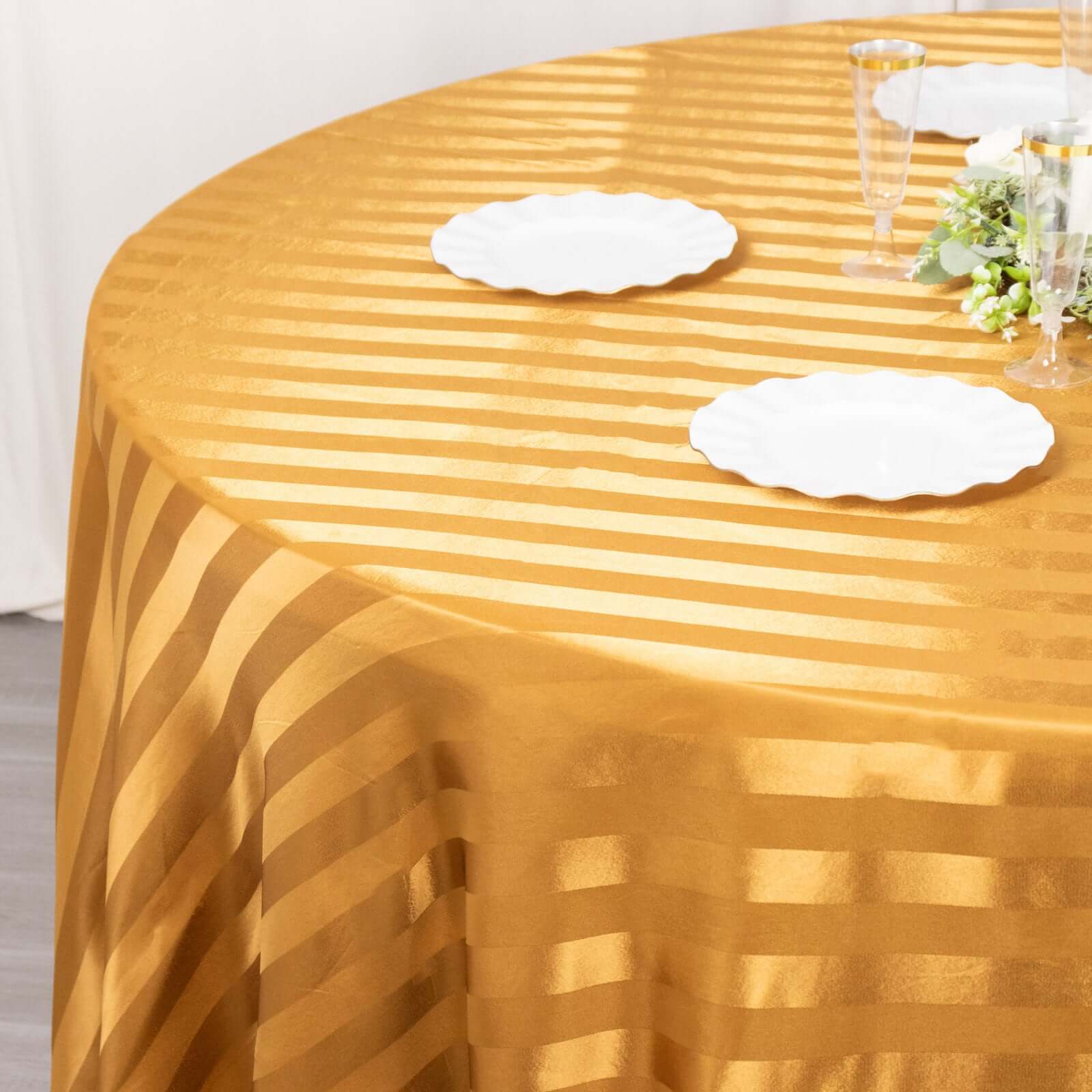 Satin Striped 120" Round Tablecloth Gold - Silky Smooth Seamless Wedding Decor - Bell Racket Store