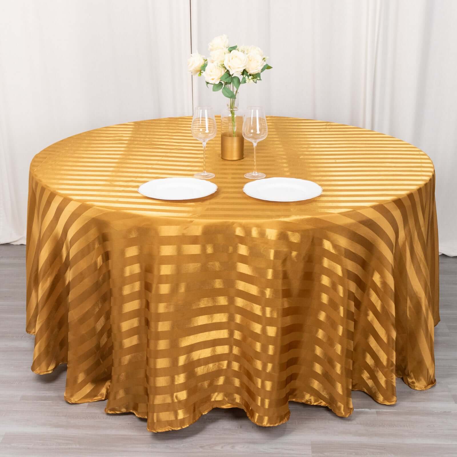 Satin Striped 120" Round Tablecloth Gold - Silky Smooth Seamless Wedding Decor - Bell Racket Store