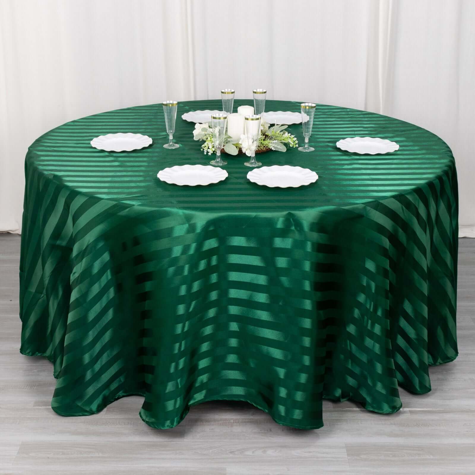 Satin Striped 120" Round Tablecloth Hunter Emerald Green - Silky Smooth Seamless Table Cover - Bell Racket Store