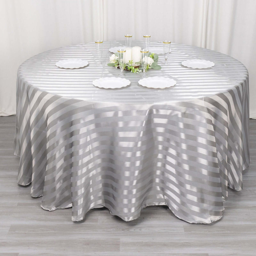 Satin Striped 120" Round Tablecloth Silver - Silky Smooth Seamless Table Cover - Bell Racket Store